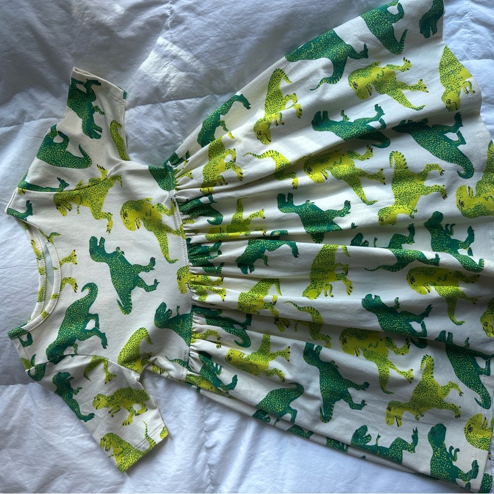 Pink Chicken Dinosaur Print Dress in Green and Yellow
